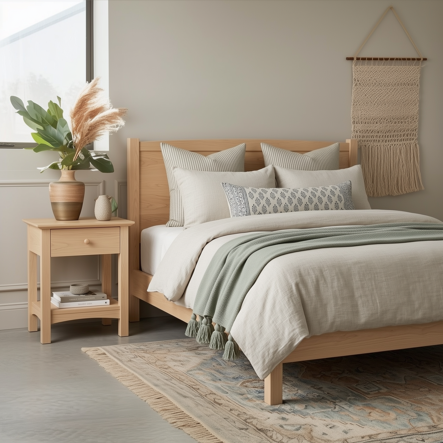 Neatly made bed with wooden headboard and side tables in a bedroom setting.