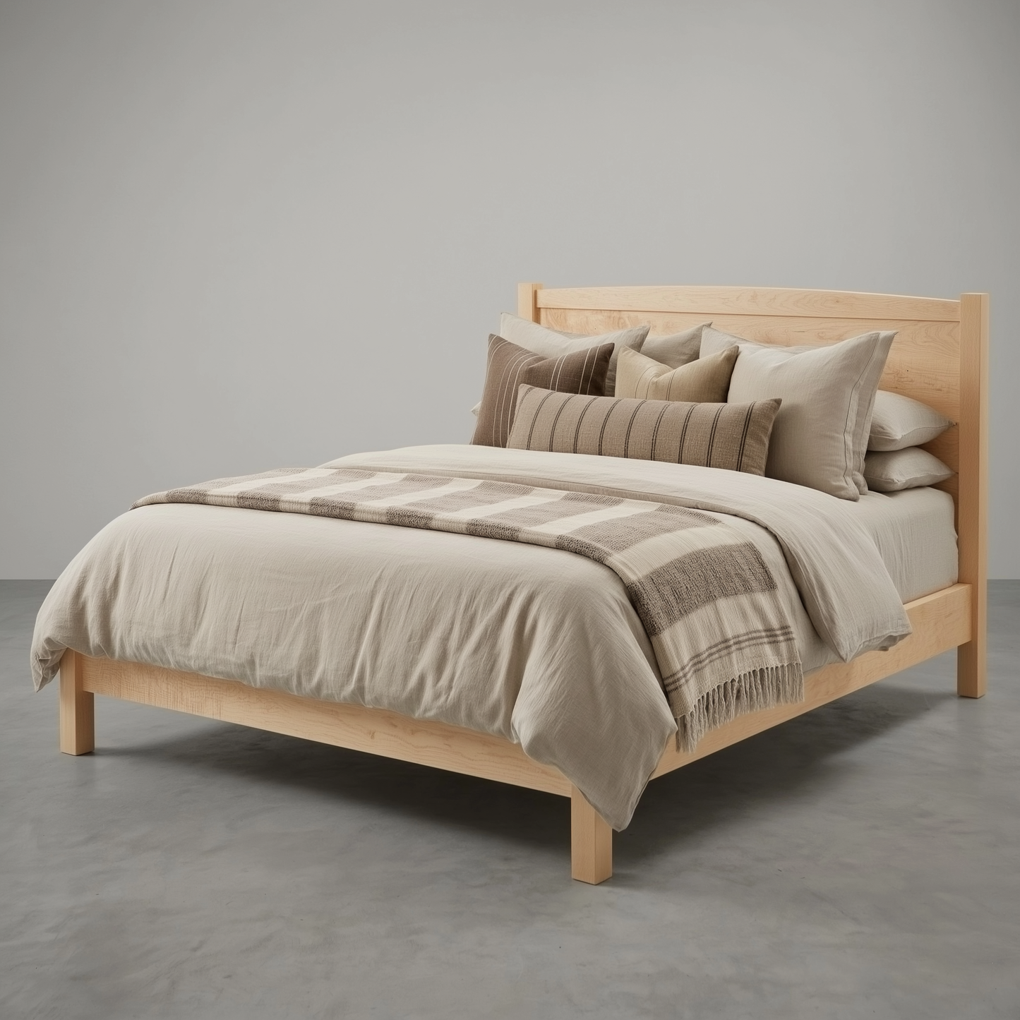 Wooden bed with beige bedding and pillows against a gray background