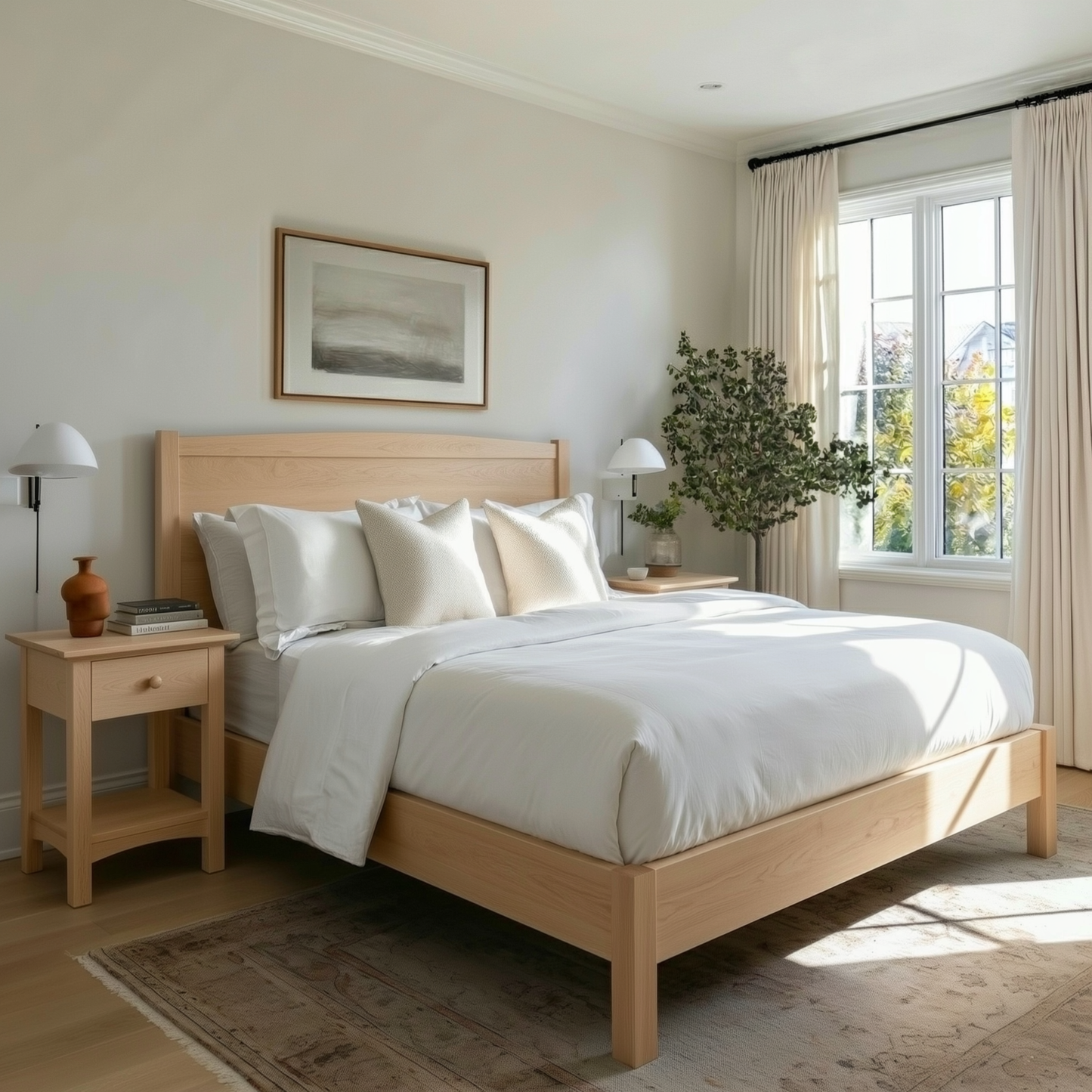 Bedroom with wooden bed, white bedding, and side tables.