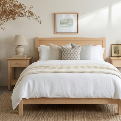 Neatly made bed with wooden headboard and side tables in a bedroom setting.