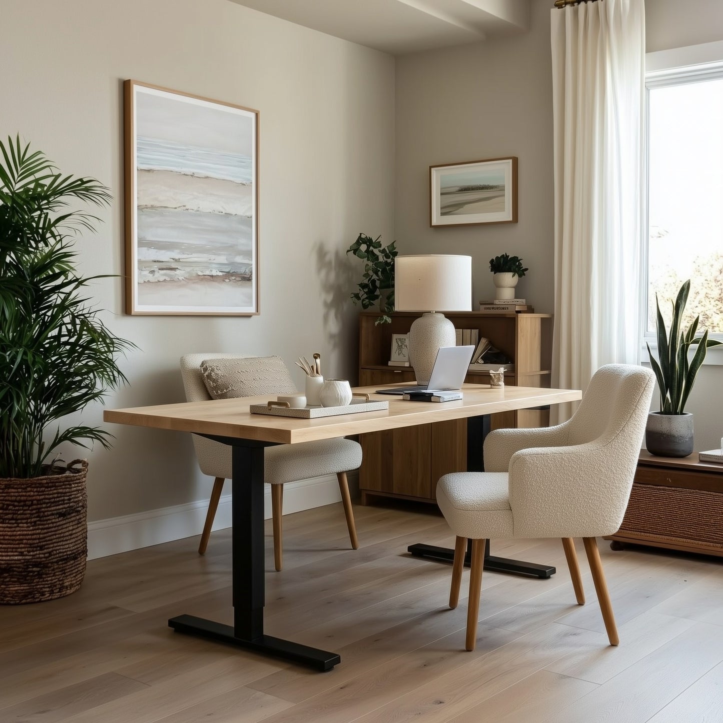 Modern home office with a wooden desk, chairs, and decorative elements.