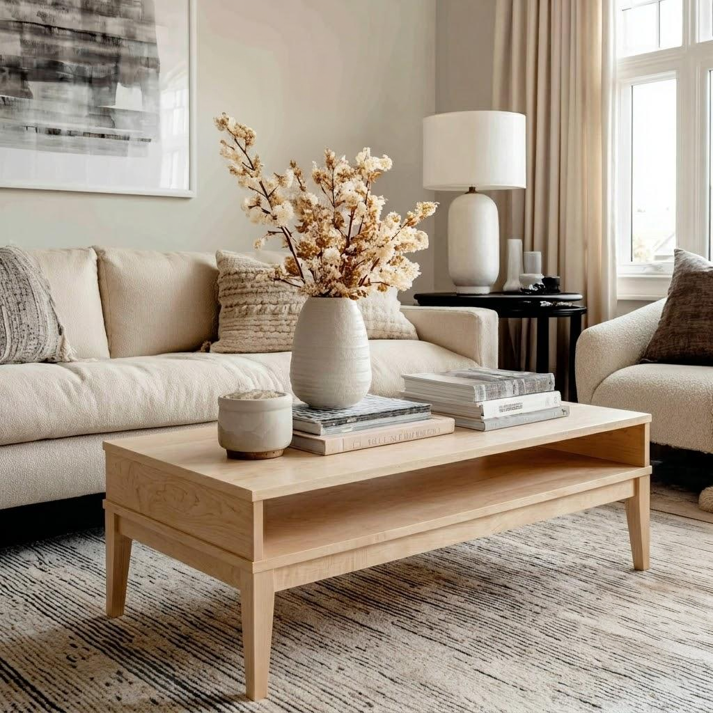 A light natural wood coffee table in a bright, modern living room setting, styled with a ceramic vase of dried flowers, books, and a small candle holder.