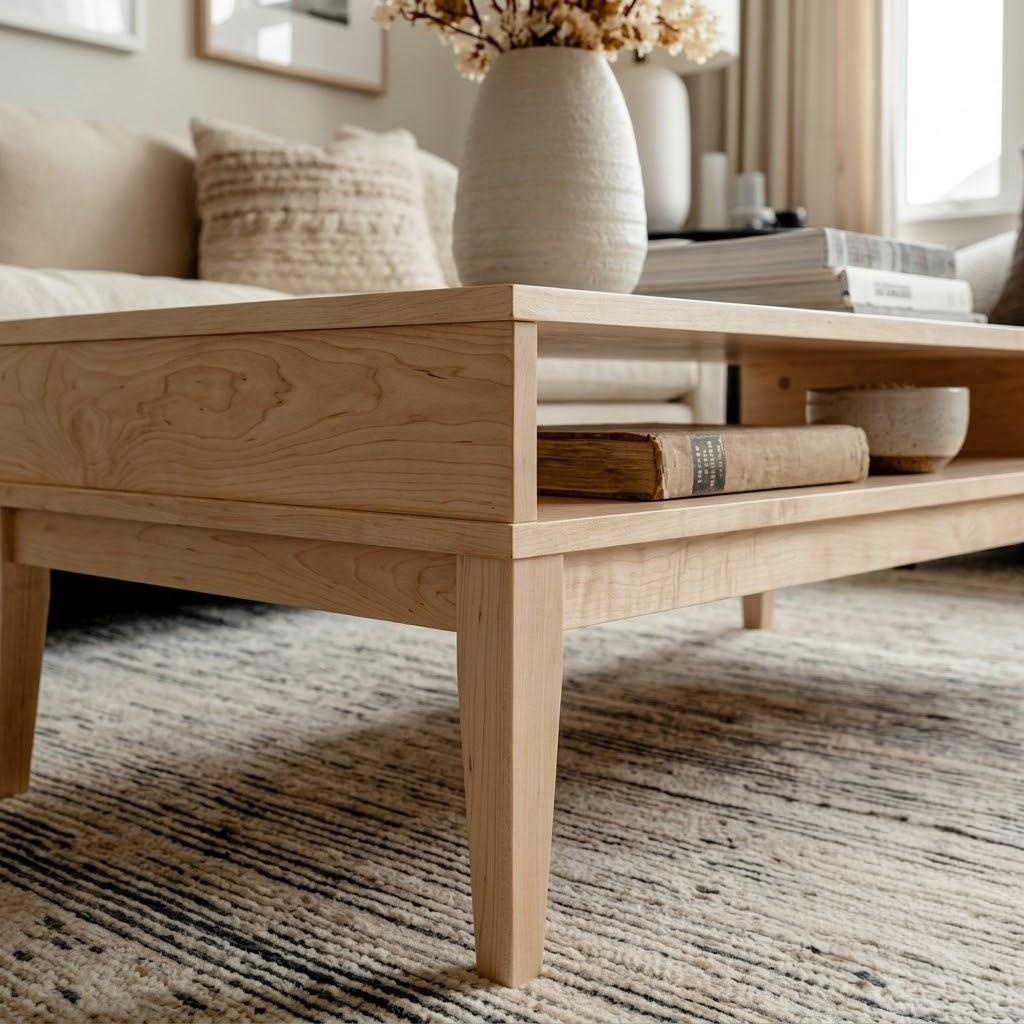 A light natural maple wood coffee table with a lower shelf, styled in a cozy living room setting with a textured rug, neutral sofa, and a ceramic vase on top.