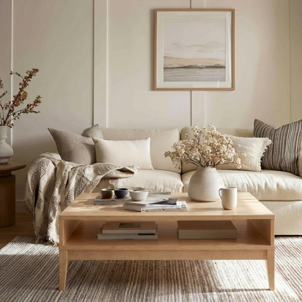 A light natural wood coffee table in a modern, neutral-toned living room setting with a cream sofa, neutral throw pillows, and a textured rug.