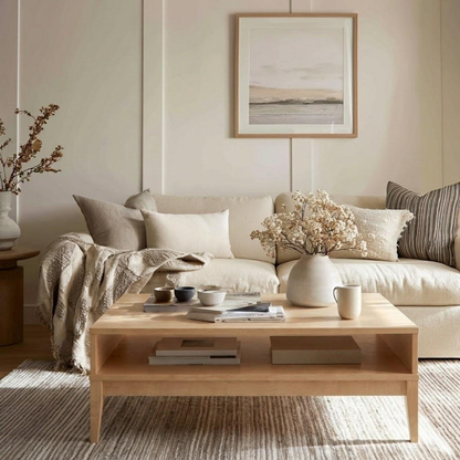 A light natural wood coffee table in a modern, neutral-toned living room setting with a cream sofa, neutral throw pillows, and a textured rug.