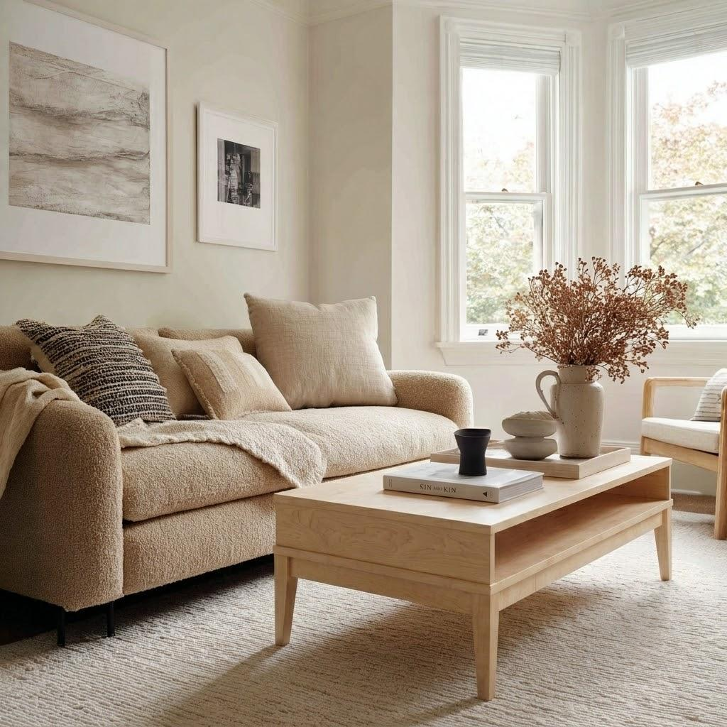 A cozy living room scene featuring a beige textured sofa with matching pillows, a light wood coffee table, and a large ceramic vase filled with dried branches on a neutral rug.