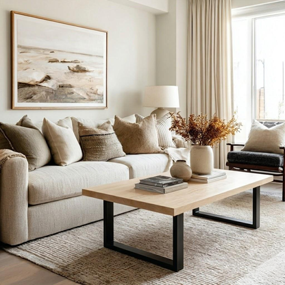 A styled living room featuring a light beige fabric sofa with textured throw pillows, a light wood coffee table with black metal legs, a neutral-toned rug, and a large framed landscape print on the wall.
