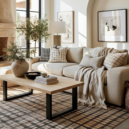 A styled living room scene featuring a cream-colored fabric sofa with patterned throw pillows and a beige throw blanket, set in front of a light wood coffee table on a plaid rug.