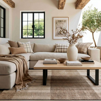 A styled living room featuring a light beige sectional sofa with matching throw pillows, a beige throw blanket, a light wood coffee table, and a large white ceramic vase with dried branches, set on a woven rug.