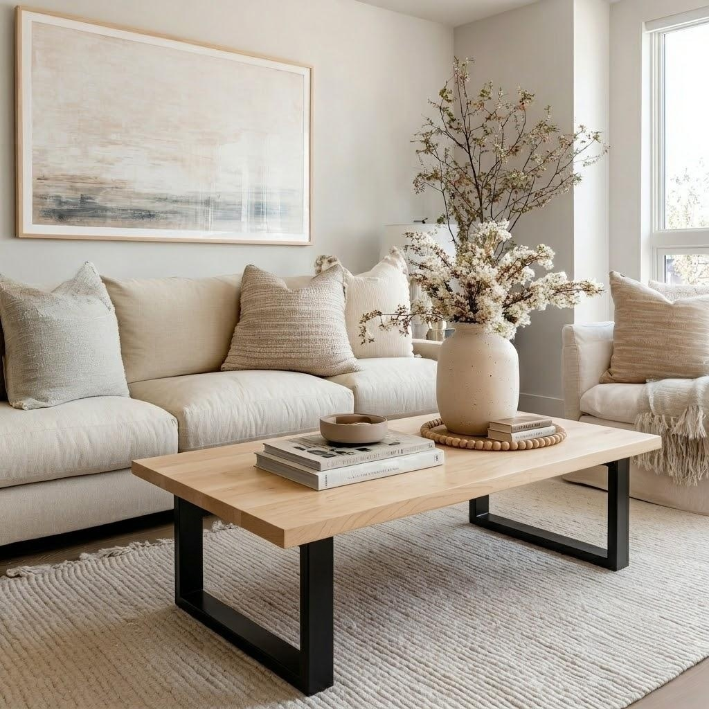 A modern living room scene featuring a light wood coffee table with black metal legs, styled with books and a ceramic vase of dried branches. In the background is a cream-colored sofa with neutral throw pillows and a large framed abstract print on the wall.