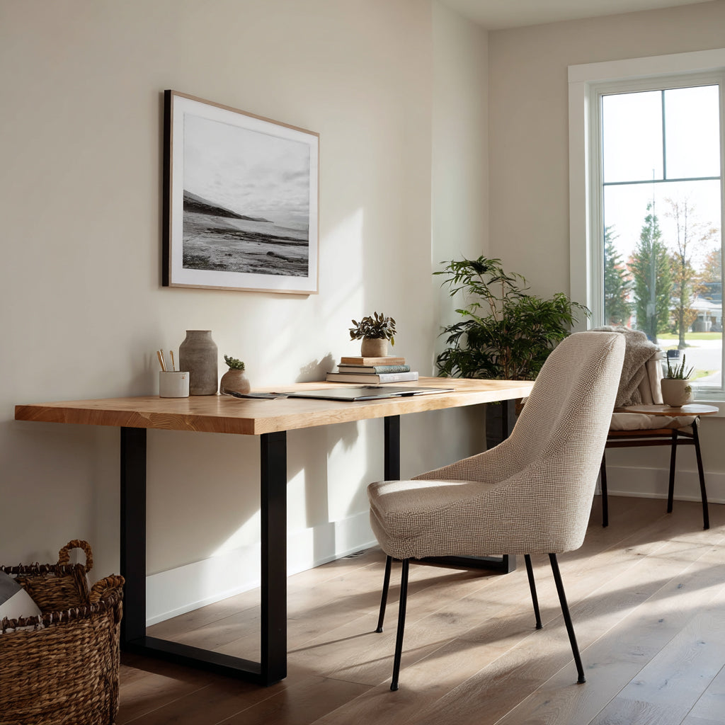 Modern home office with wooden desk, chair, and framed artwork on a light wall.