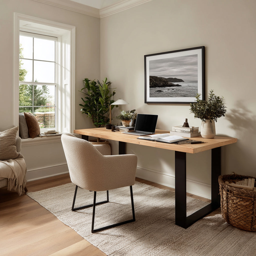 Home office with a wooden desk, chair, and decor elements.