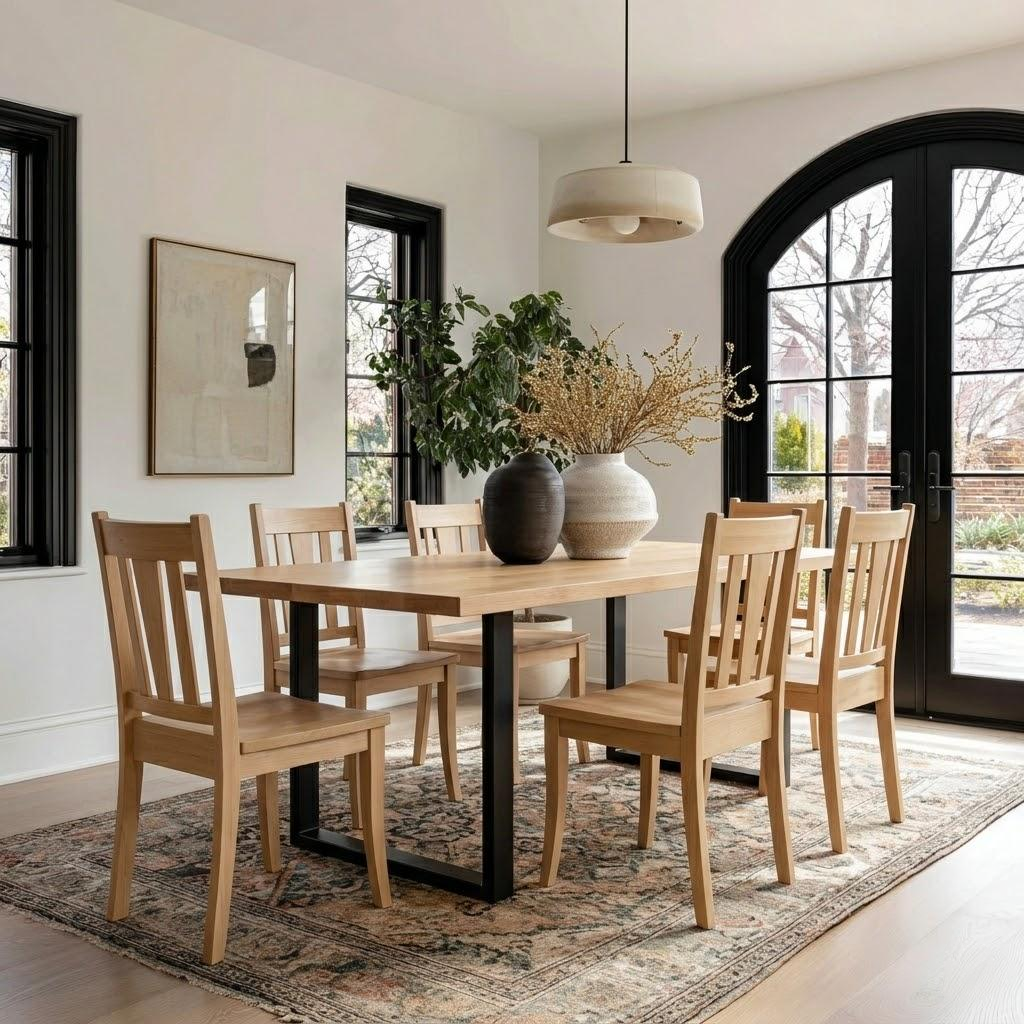 Dining room with wooden table and chairs on a patterned rug