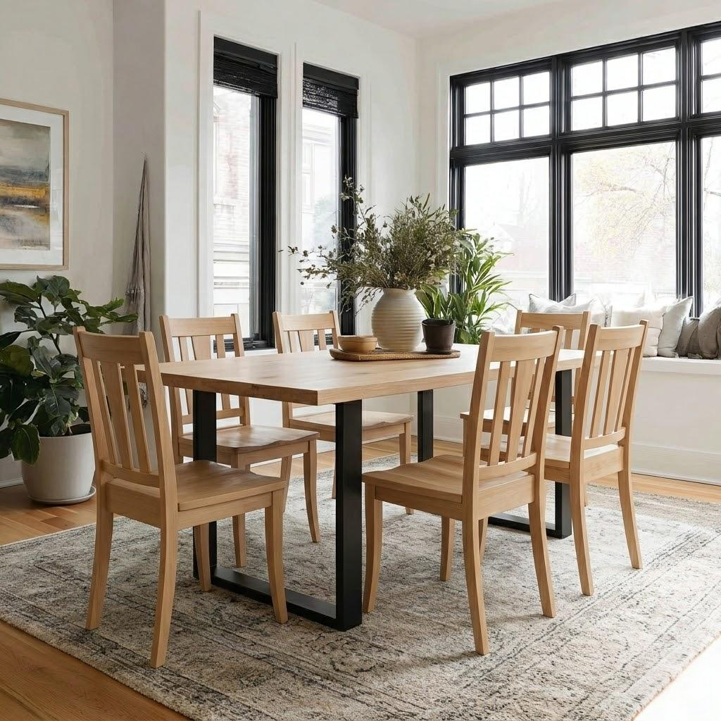 Dining room with wooden table and chairs in a well-lit room.