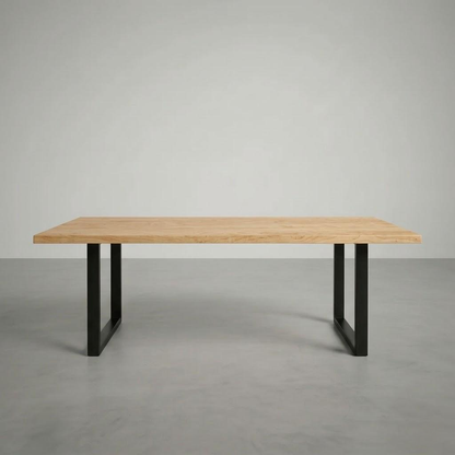 Wooden table with black legs on a gray background