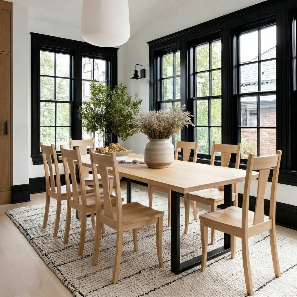 Dining room with wooden table and chairs, large windows, and decorative elements.