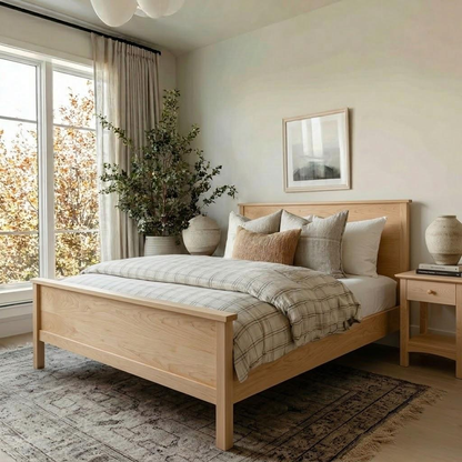 Bedroom with wooden bed, pillows, and a side table.