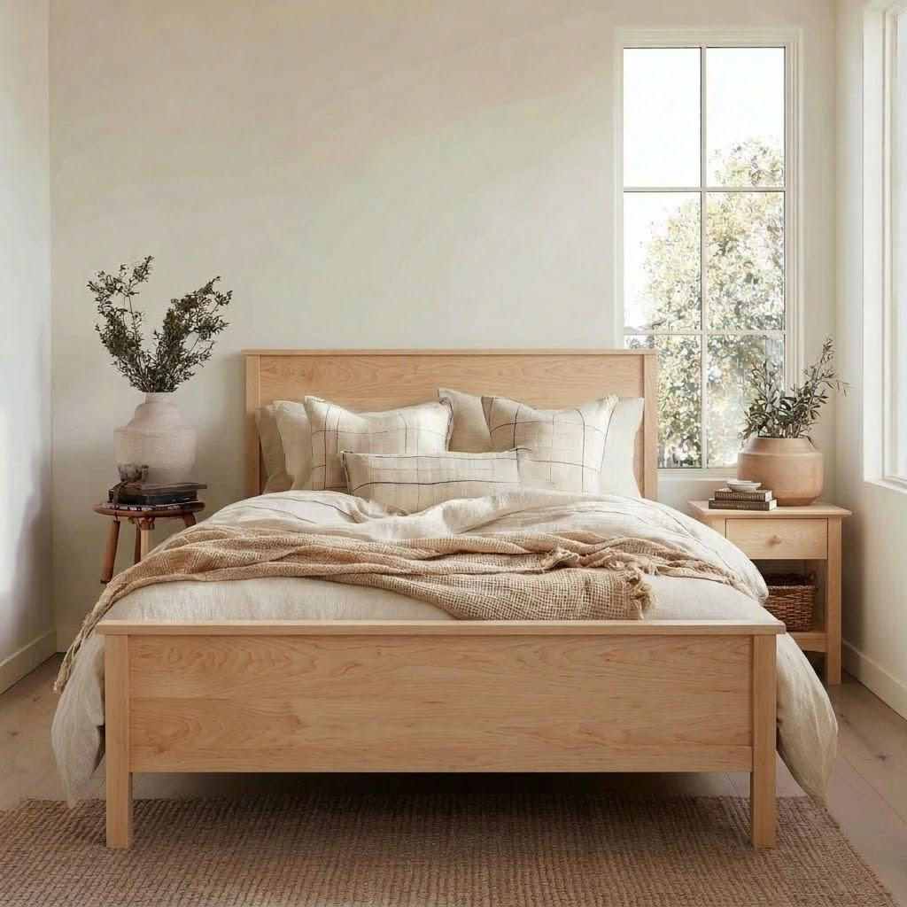 Wooden bed in a bedroom with natural light and decor