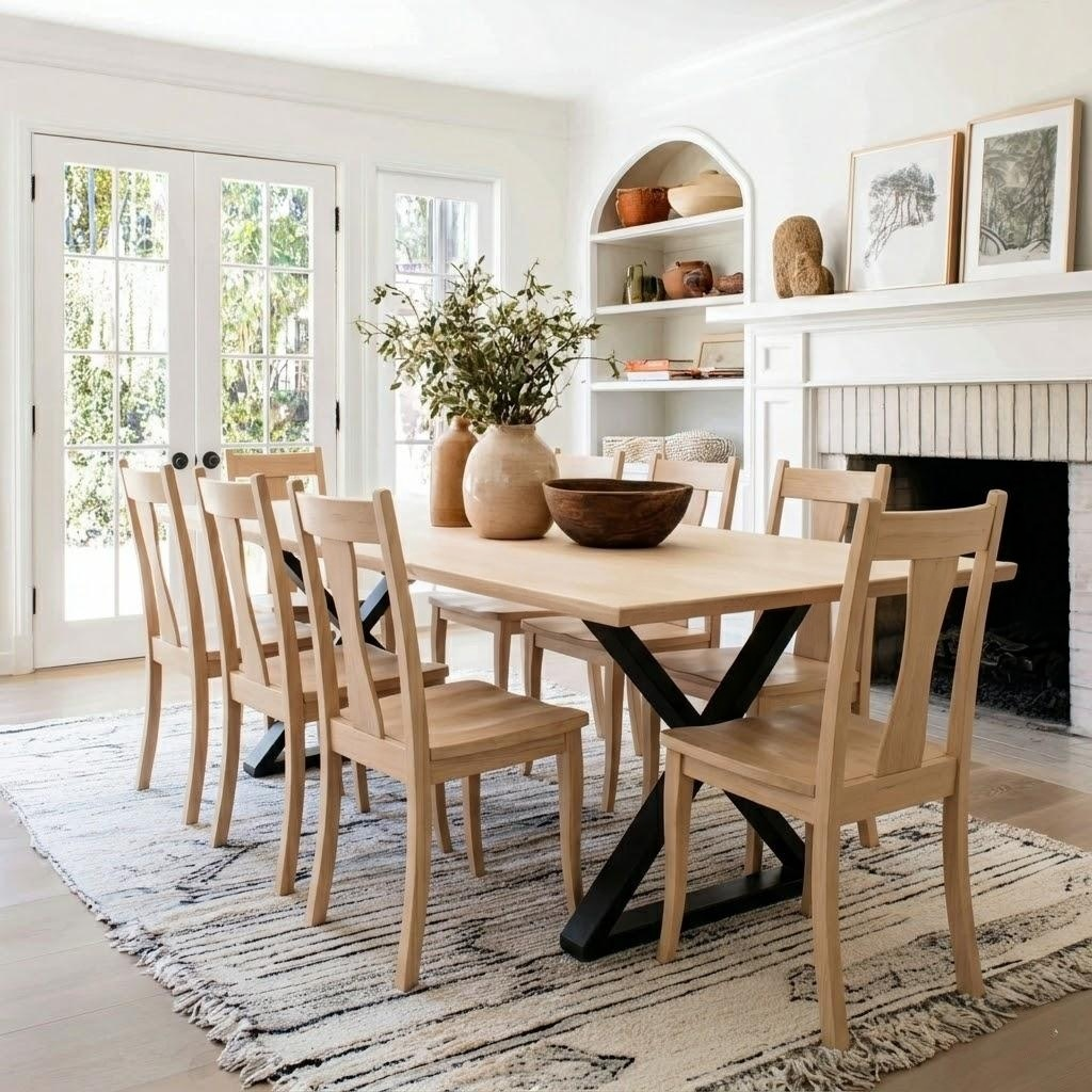 Dining room with wooden table and chairs, fireplace, and decorative items.