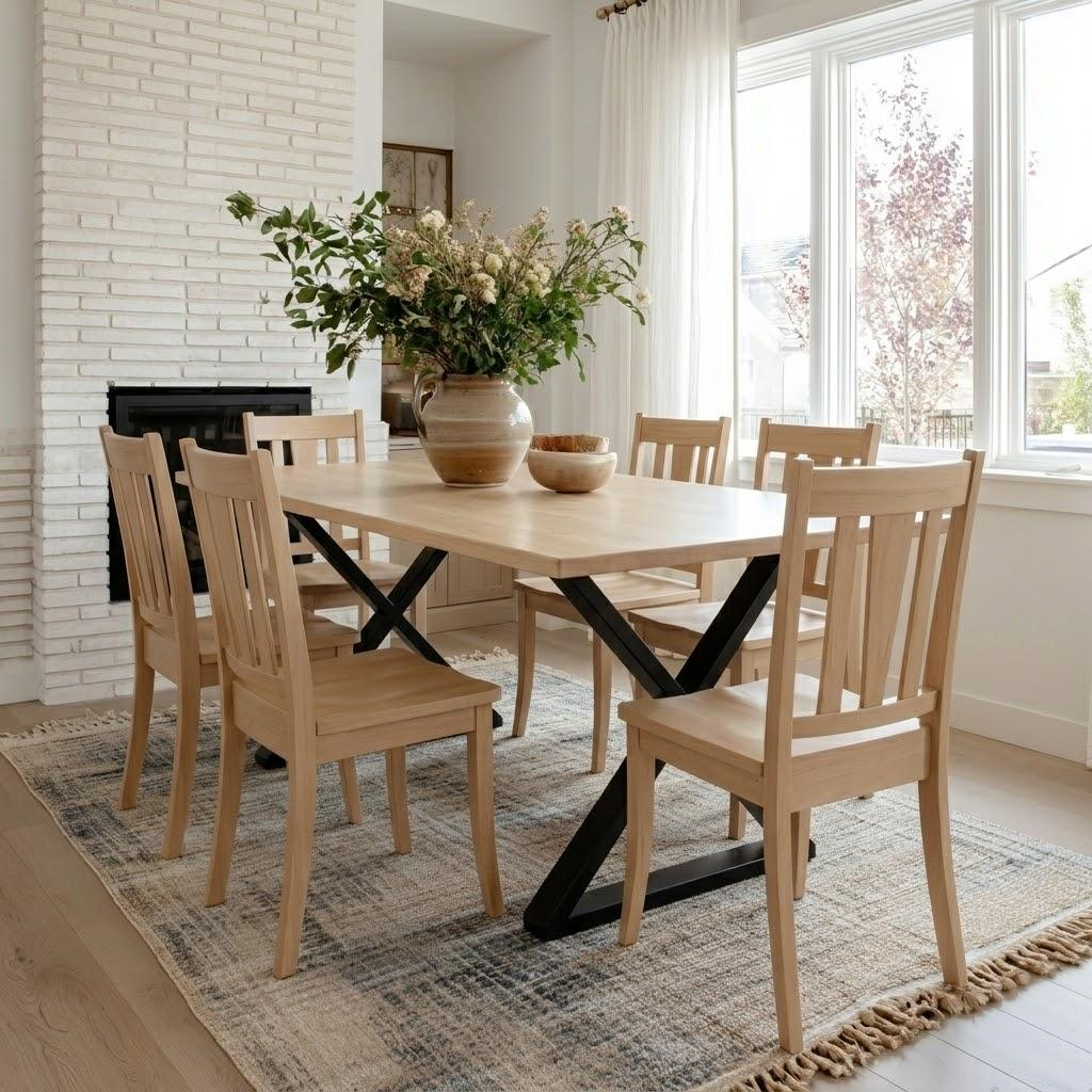 Dining room with wooden table and chairs, fireplace, and large windows.