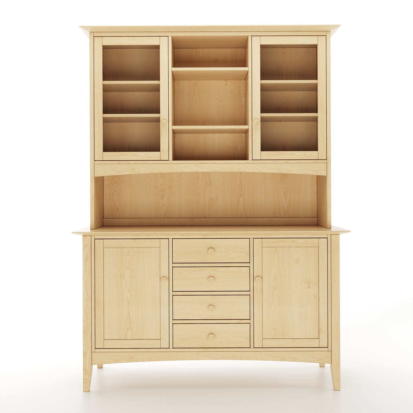A hutch made of maple featuring 2 doors with windows, a middle shelf, 4 lower drawers, and 2 lower doors without windows on a white background