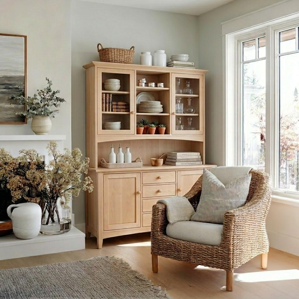 A light natural wood hutch with glass-front upper cabinets and a lower cabinet with drawers, styled in a bright, neutral-toned room next to a wicker armchair.