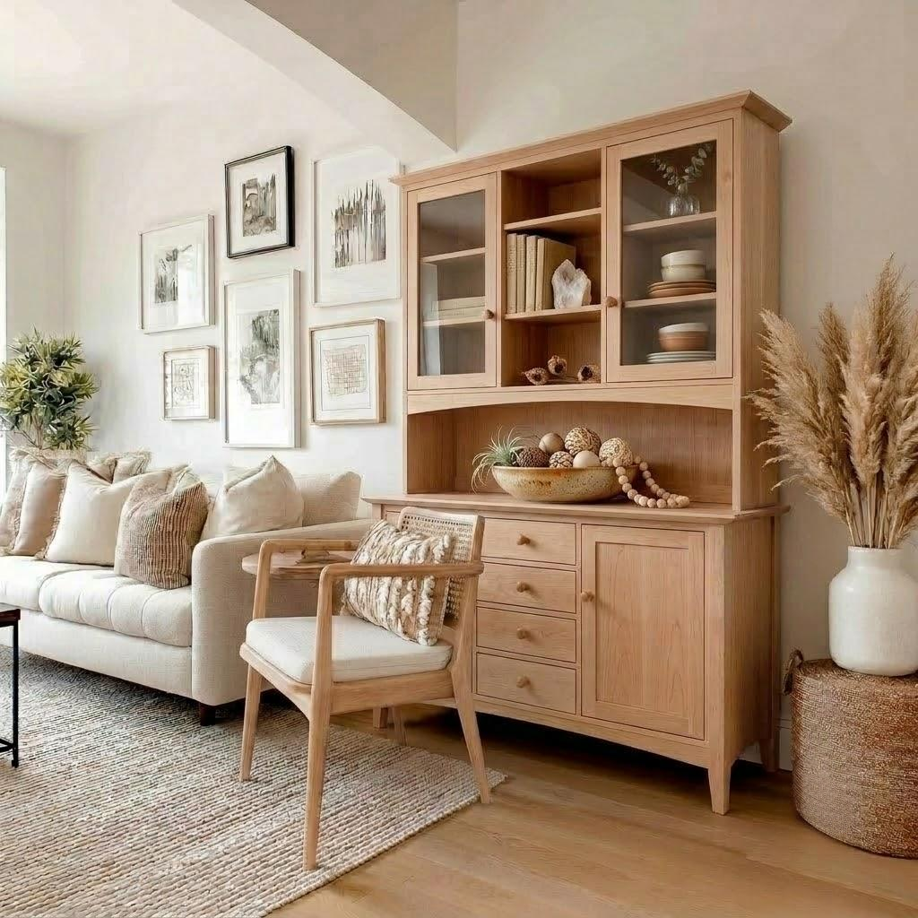 A light natural wood hutch cabinet with glass-front upper shelves and a lower cabinet with drawers, styled in a bright, modern living room next to a cream sofa and a wooden chair.
