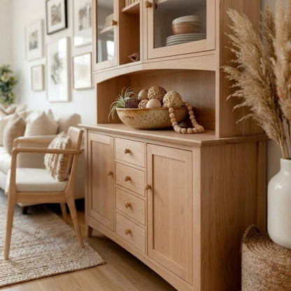 A light natural wood hutch and sideboard cabinet styled in a warm, bohemian living room setting with a matching wooden armchair, neutral-toned decor, and dried pampas grass.