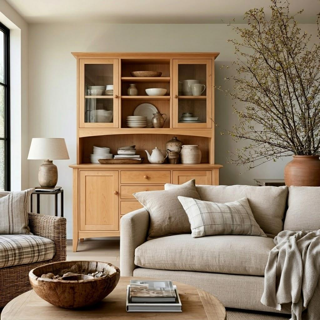 A warm light oak wooden hutch with glass upper doors and open shelving, styled in a cozy living room next to a beige sofa and a large potted tree.