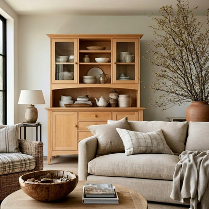 A warm light oak wooden hutch with glass upper doors and open shelving, styled in a cozy living room next to a beige sofa and a large potted tree.