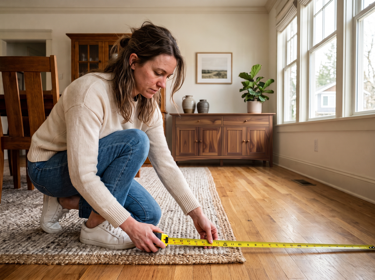 A woman crouches on a woven area rug in a bright room, using a yellow tape measure to determine the room's dimensions. The scene is set in a real home environment with hardwood floors, a wooden sideboard, and large windows.
