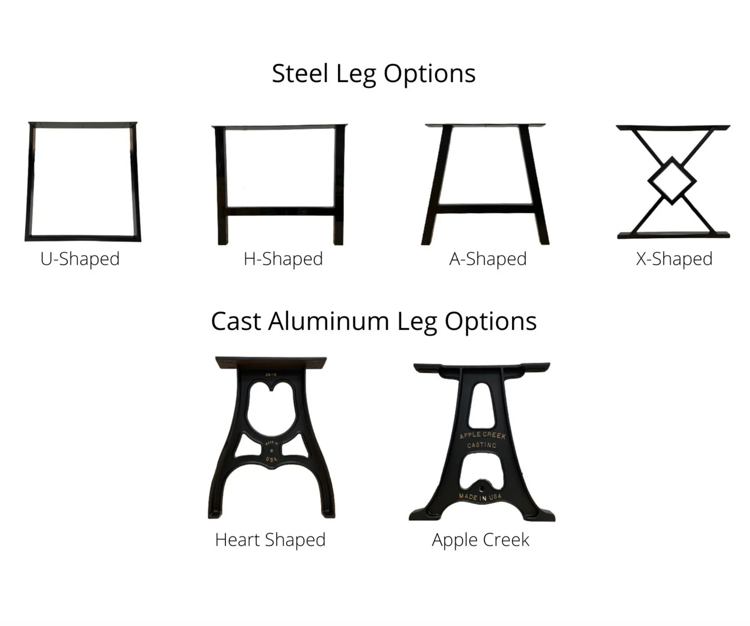 A diagram showing the various metal leg options available