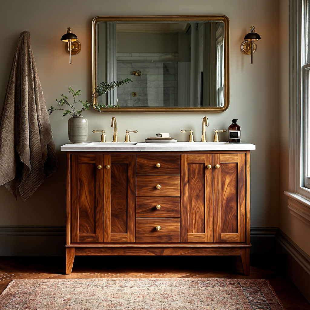 Bathroom vanity with wooden cabinet, mirror, and decorative items.