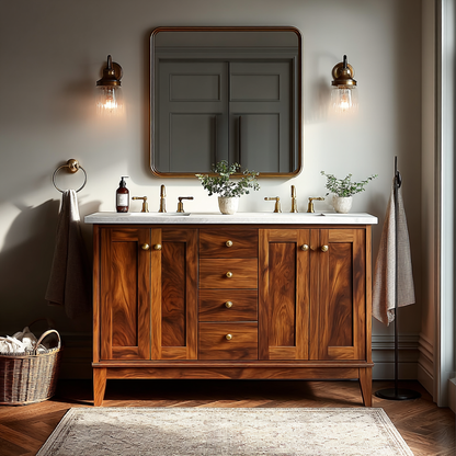 Wooden bathroom vanity with marble countertop, mirror, and lighting fixtures.