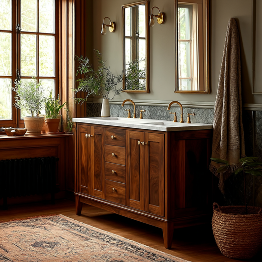 Bathroom with wooden vanity, sink, and large windows.
