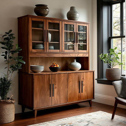 Wooden cabinet with glass doors and decorative items in a room with plants and a window.