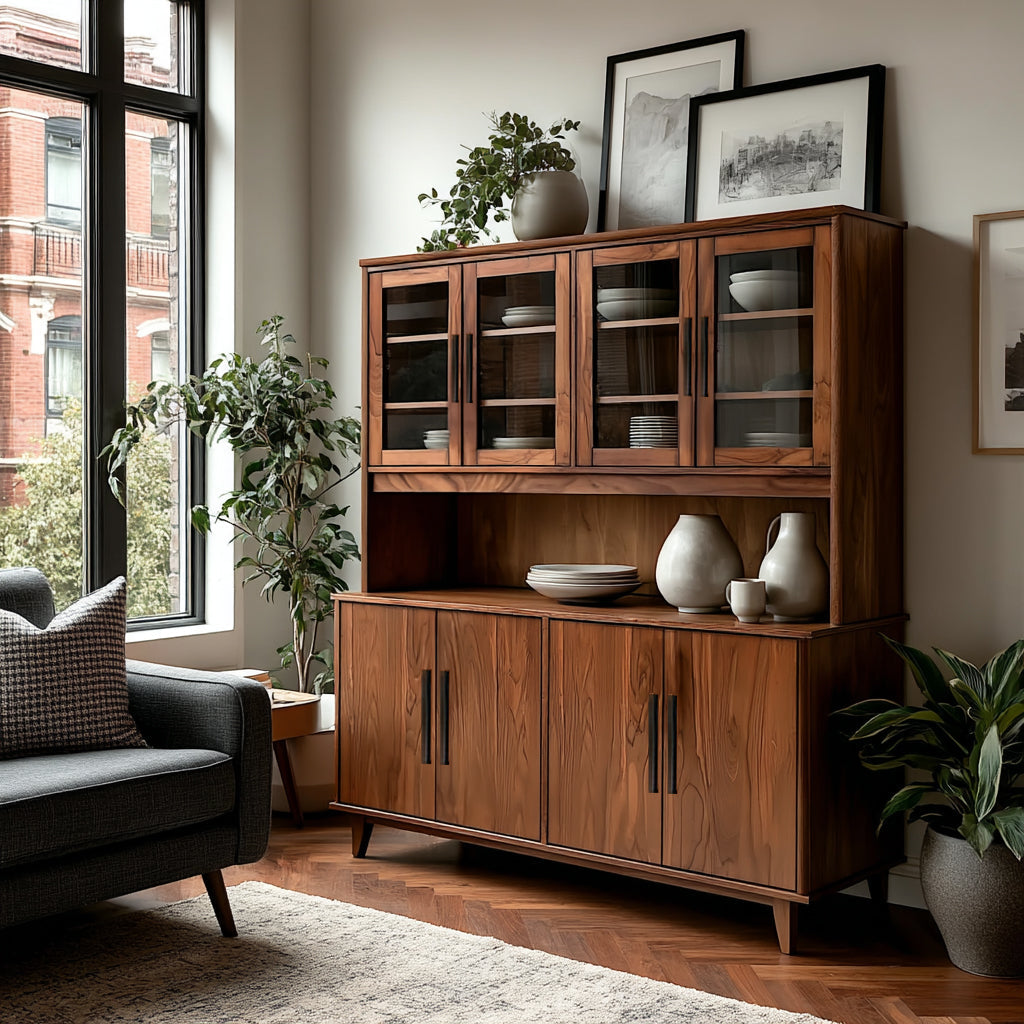 Wooden cabinet in a living room with decor elements
