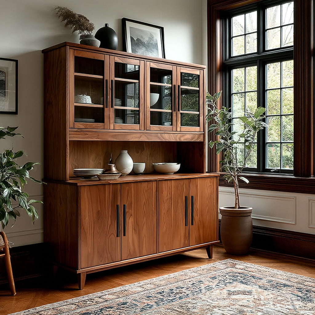 Wooden hutch with glass doors and cabinet doors in a room with a window and plants.