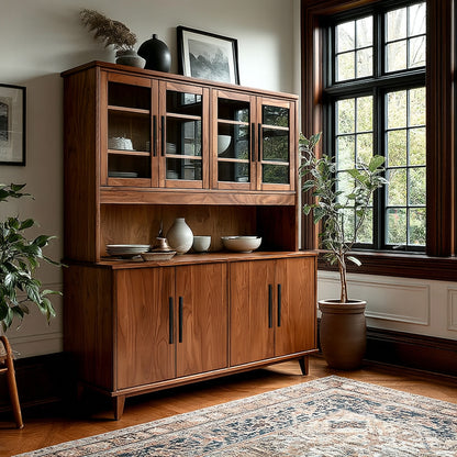 Wooden hutch with glass doors and cabinet doors in a room with a window and plants.