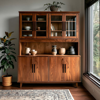 Wooden cabinet with glass doors and shelves in a room with a window and plants.