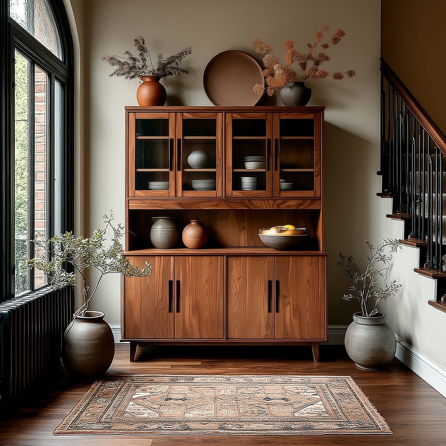 Wooden cabinet with decorative items in a room with large windows and a staircase.