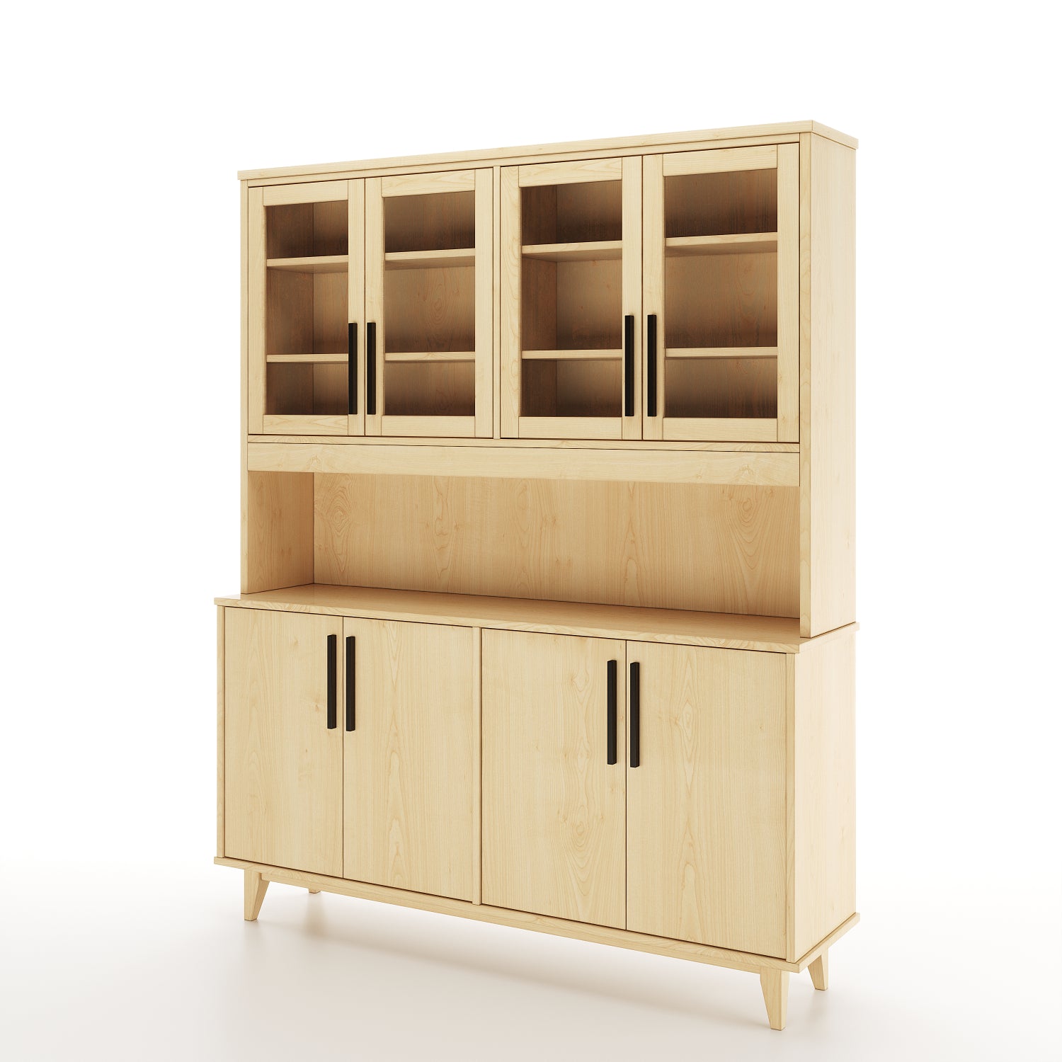 Angled view of a maple dining room buffet and hutch featuring 4 solid doors and 4 doors with windows on a white background