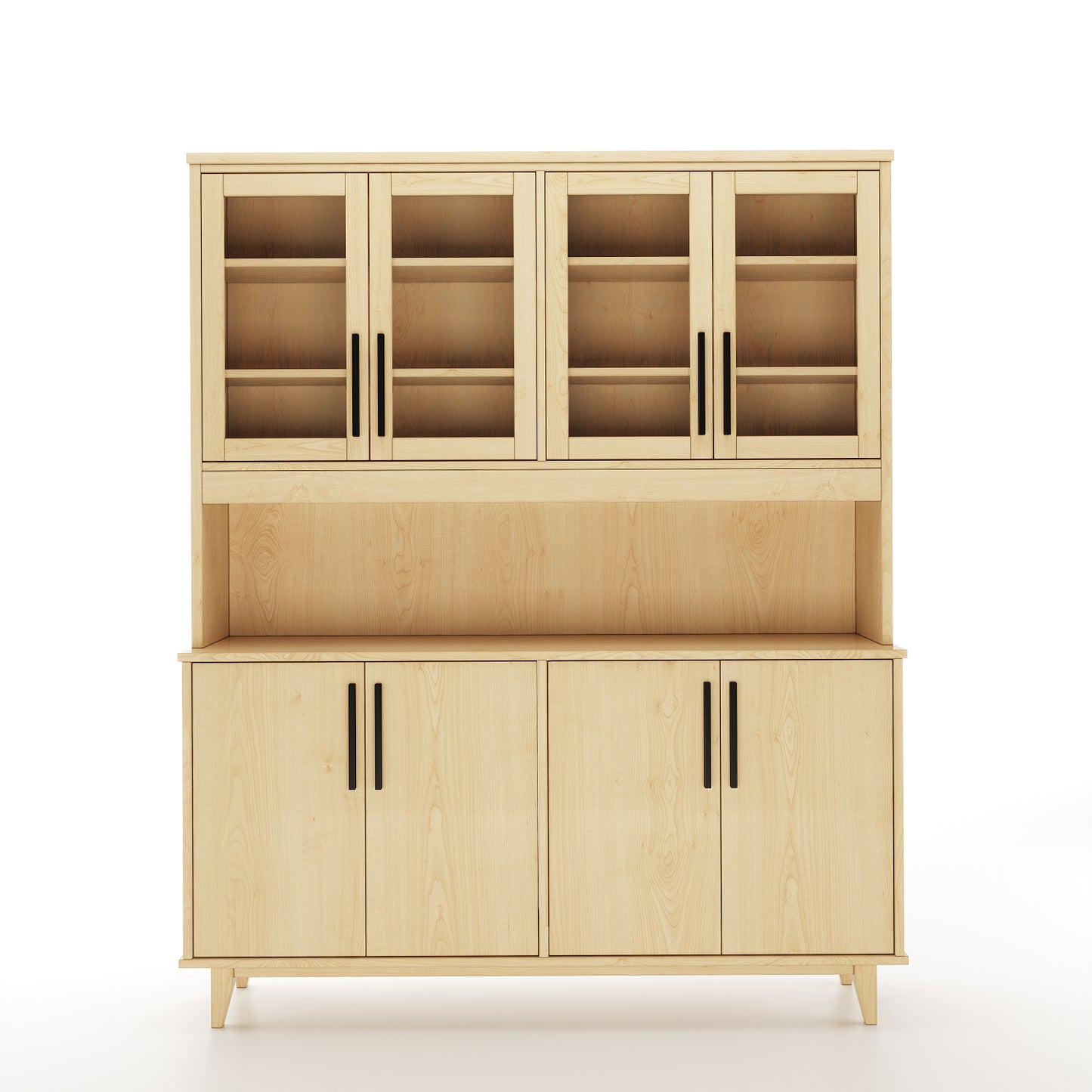 Face view of a maple dining room buffet and hutch featuring 4 solid doors and 4 doors with windows on a white background