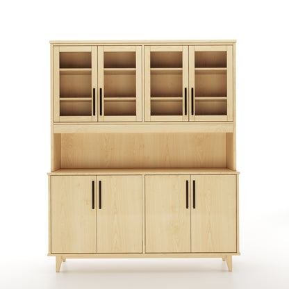 Face view of a maple dining room buffet and hutch featuring 4 solid doors and 4 doors with windows on a white background