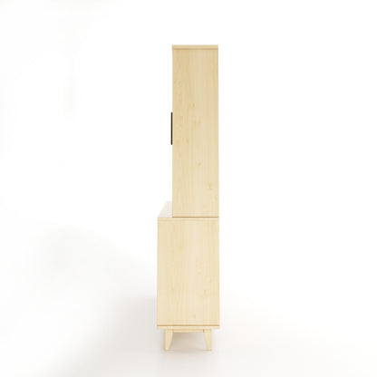 Side view of a maple dining room buffet and hutch featuring 4 solid doors and 4 doors with windows on a white background