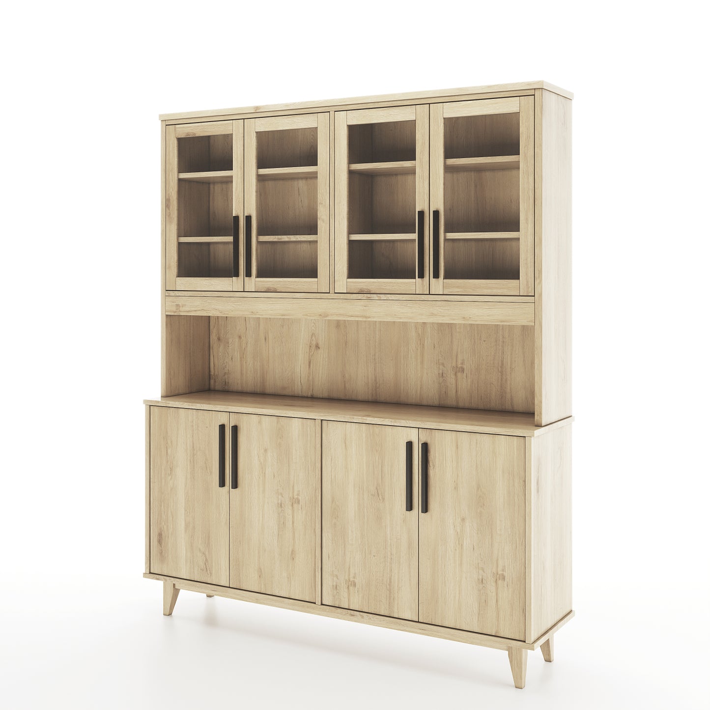 Angled view of an oak dining room buffet and hutch featuring 4 solid doors and 4 doors with windows on a white background