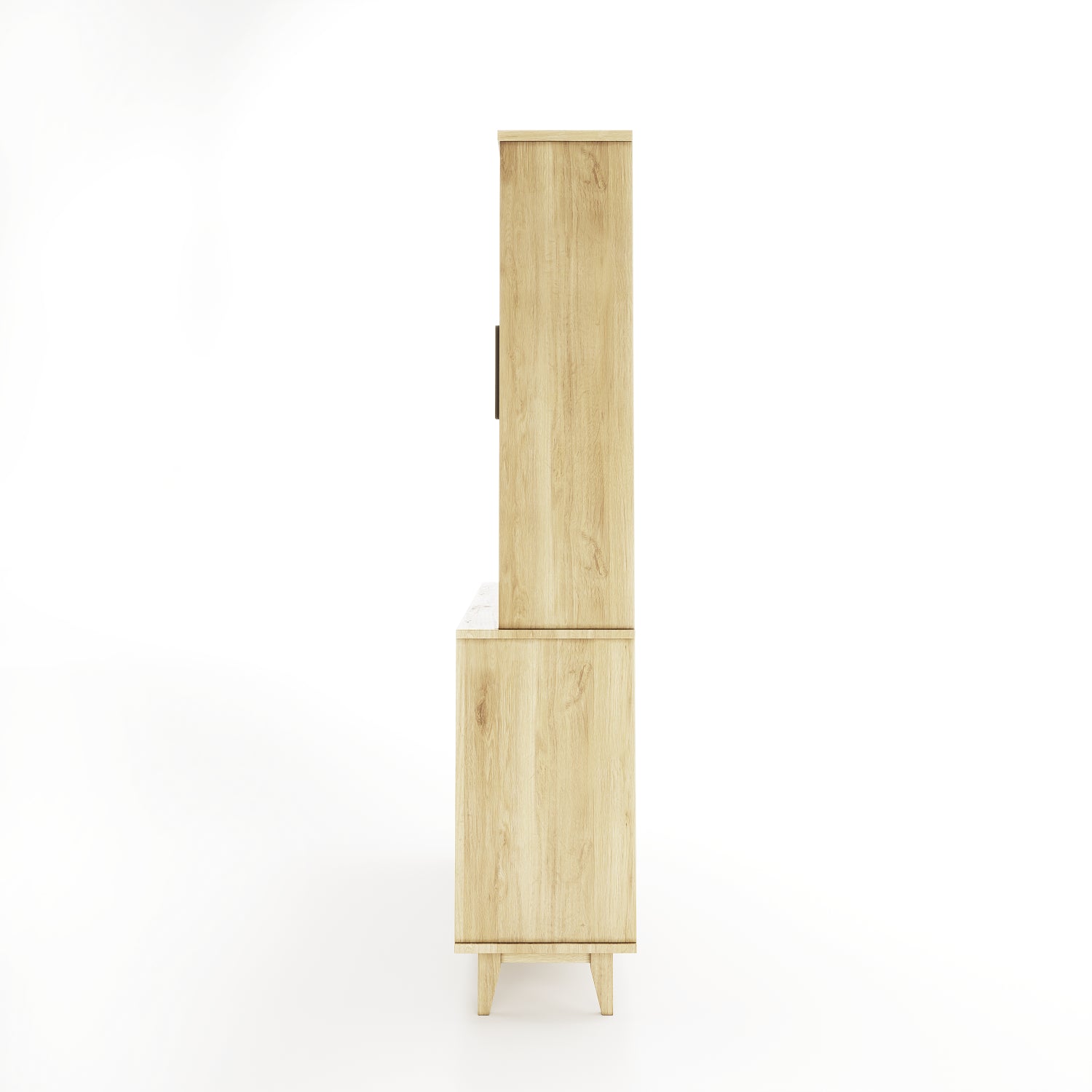 Side view of an oak dining room buffet and hutch featuring 4 solid doors and 4 doors with windows on a white background