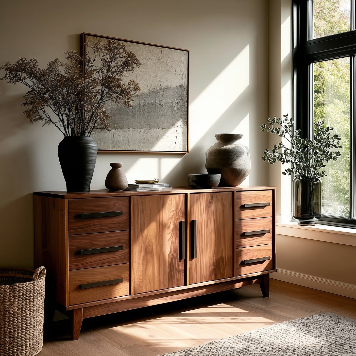 Wooden sideboard with decorative items in a room with sunlight streaming through a window.