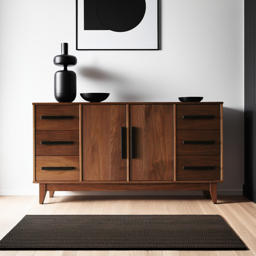 A wooden dining room buffet table with multiple drawers and doors, placed against a white wall on a wooden floor, with decorative black vases on top.