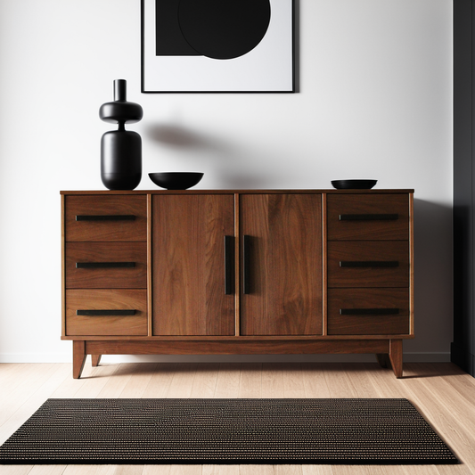 A wooden dining room buffet table with multiple drawers and doors, placed against a white wall on a wooden floor, with decorative black vases on top.